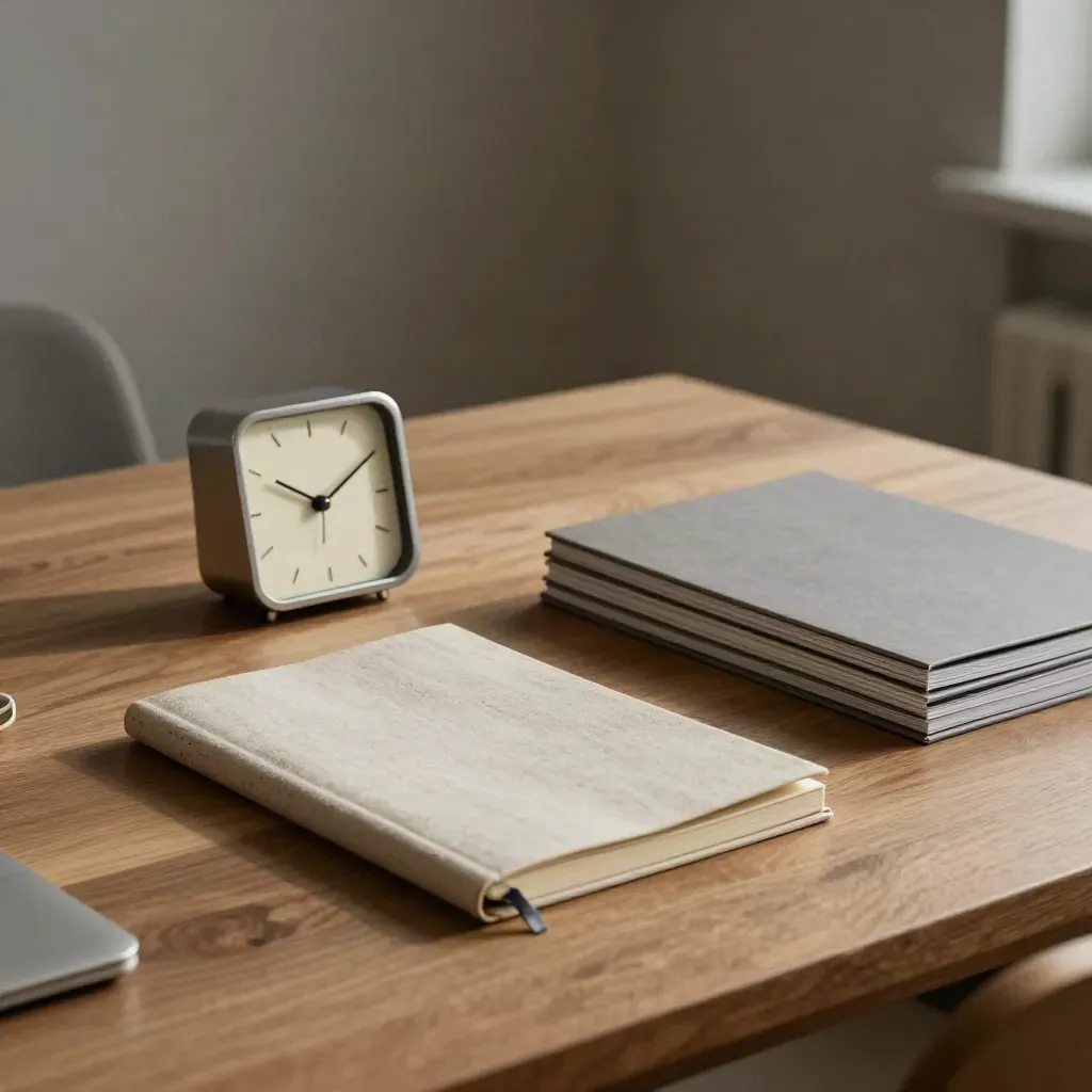 Elegante Freiberufler-Ecke mit Uhr, Notizbuch, Portfolio-Stapel und Stuhlkante im Dunkel.