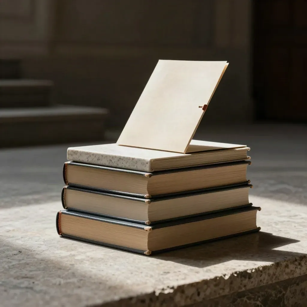 Steinpodest mit Büchern und Mappe im Lichtkegel auf dunkler Bühne.