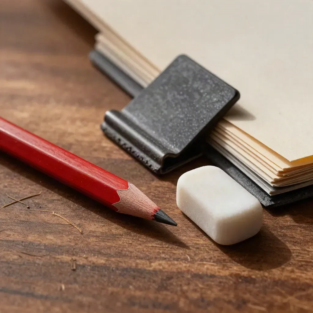 Roter Bleistift, Radiergummi und Registertabs auf einer warmen Redaktionstischfläche.