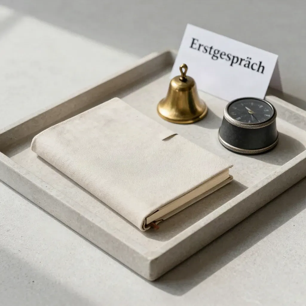 Steintray mit Notizbuch, Messingglocke und Timer für das Erstgespräch