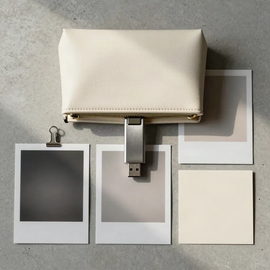Archivtasche, USB-Stick, Fotoprints und Clip auf hellem Beton aus der Draufsicht.