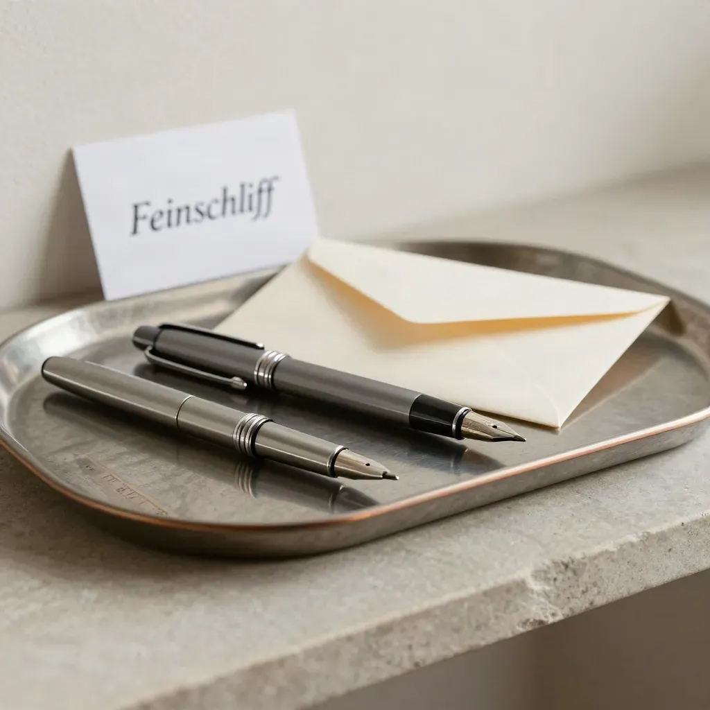 Polierter Stift, versiegelter Umschlag und Metallschale auf Steinsims mit Feinschliff.